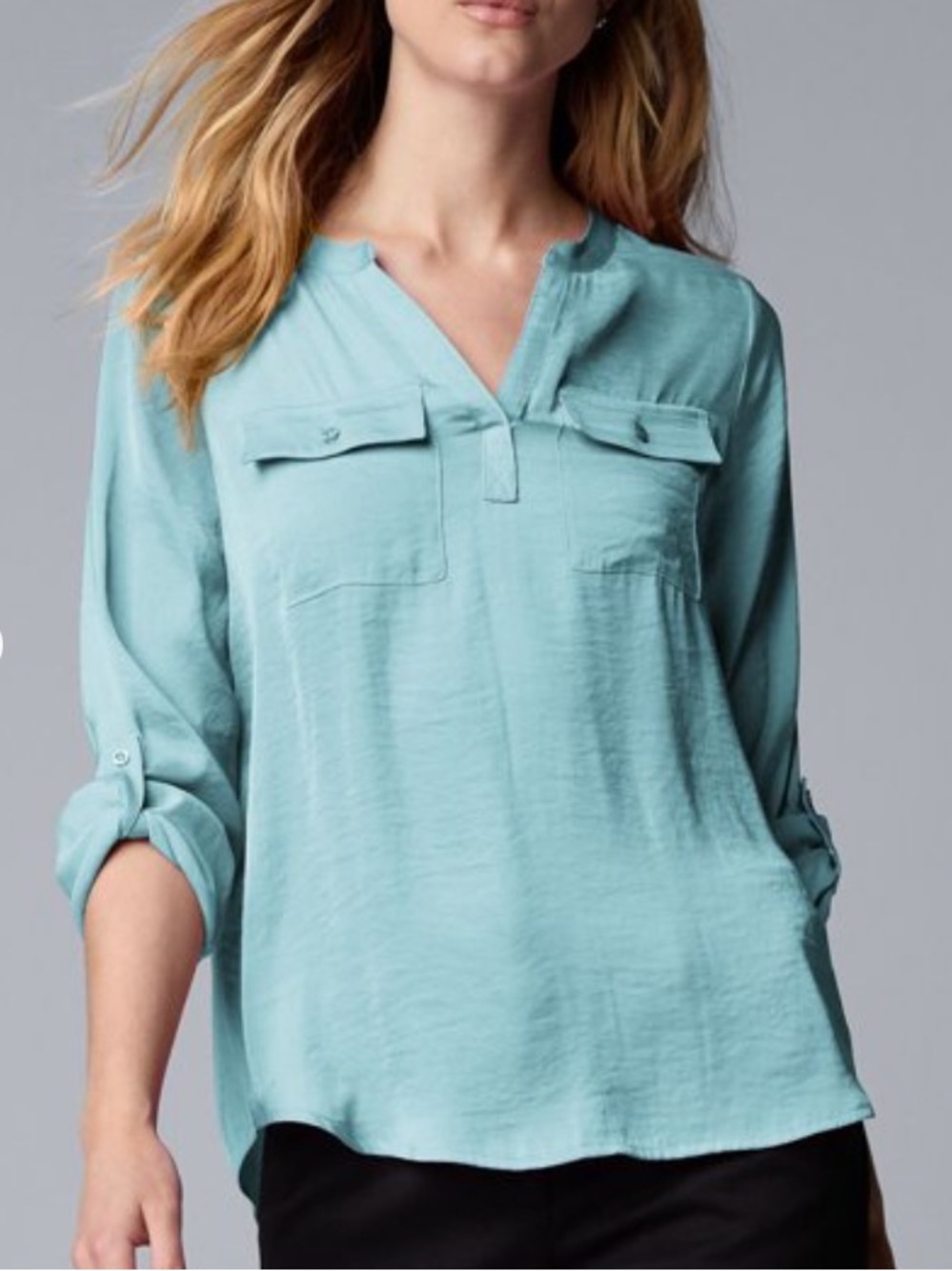 New Petite Simply Vera Vera Wang Pockets Roll Tab Popover Blouse Large Petite